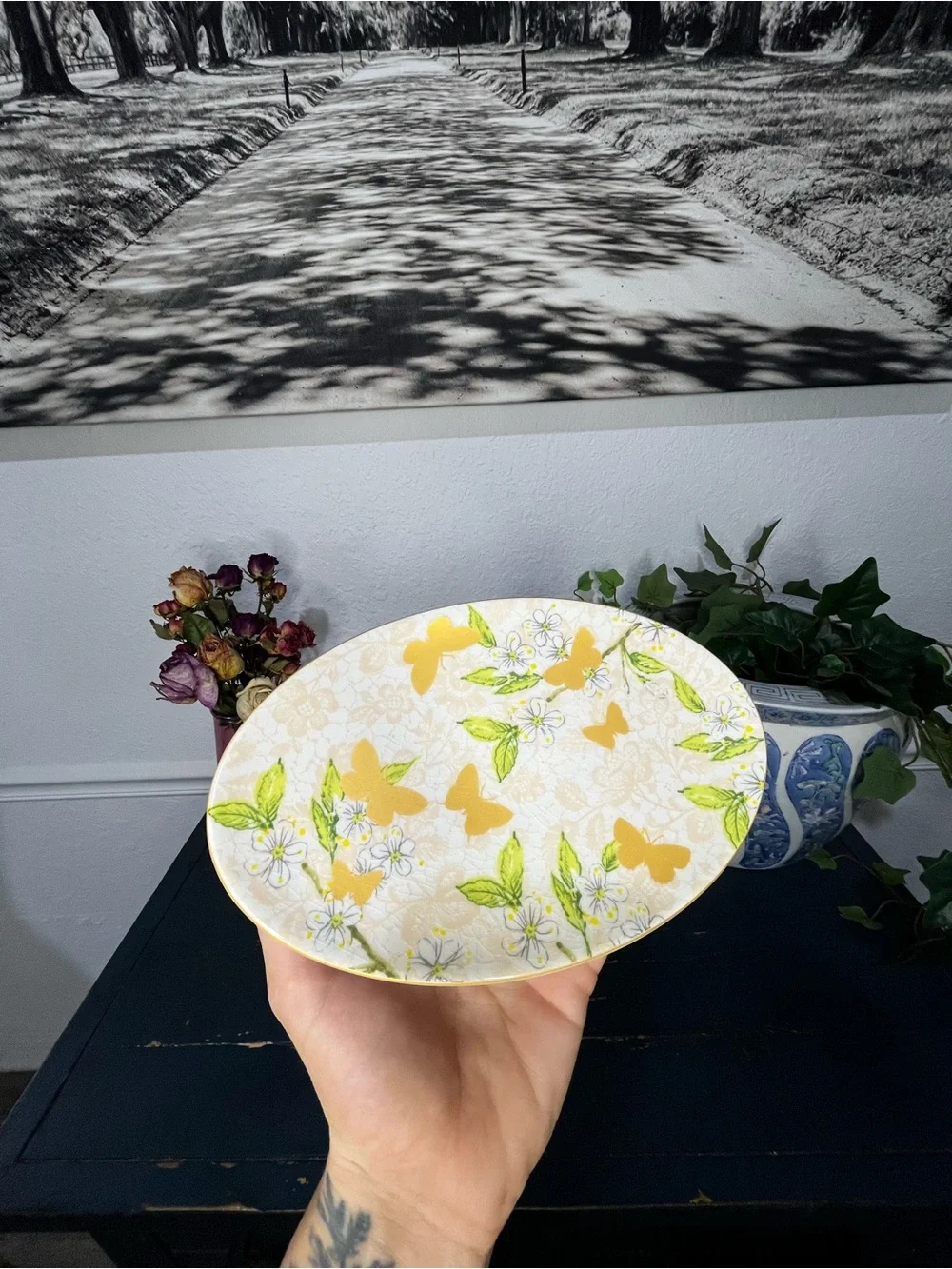 Butterfly Flowers Trinket Ring Jewelry Soap Dish Made in Portugal Cottagecore
